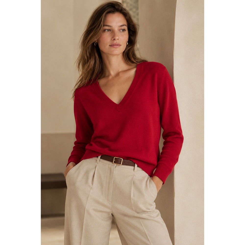 Banana Republic Women's Red 100% Extra Fine Merino Wool V-Neck Sweater- Medium